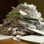 Stack of papers for a novel on a messy desk